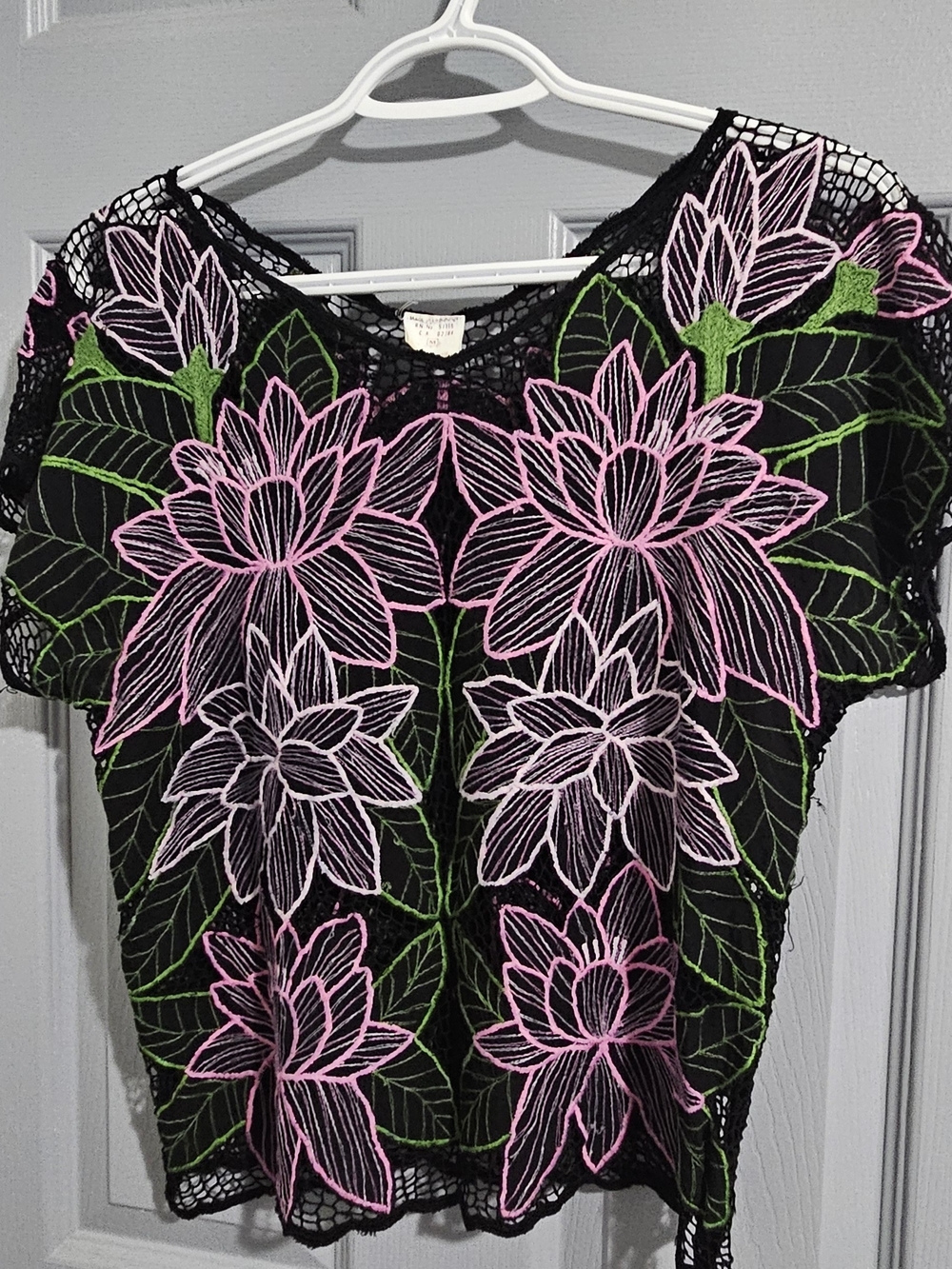 Black Floral Lace Blouse with Pink Embroidered Flowers